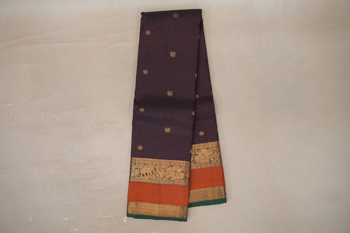 Deep Plum Brown Vintage Kanjivaram Silk Saree by Shreenivas Silks 
