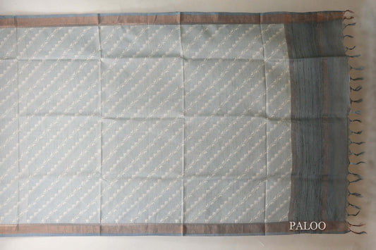 Pastel bluish grey with Dark Bluish Grey Borders Bhagalpur Tussar silk saree paloo