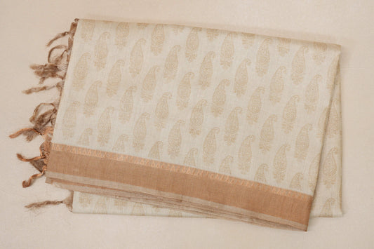 Cream with Beige gold Borders Tussar silk saree