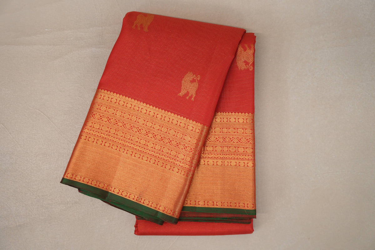 Bright Red Vintage Kanjivaram Silk Saree by Shreenivas Silks 