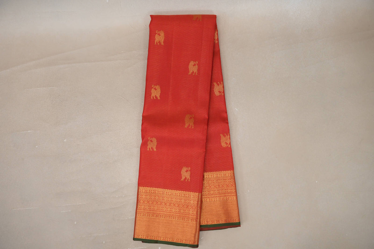 Bright Red Vintage Kanjivaram Silk Saree by Shreenivas Silks 