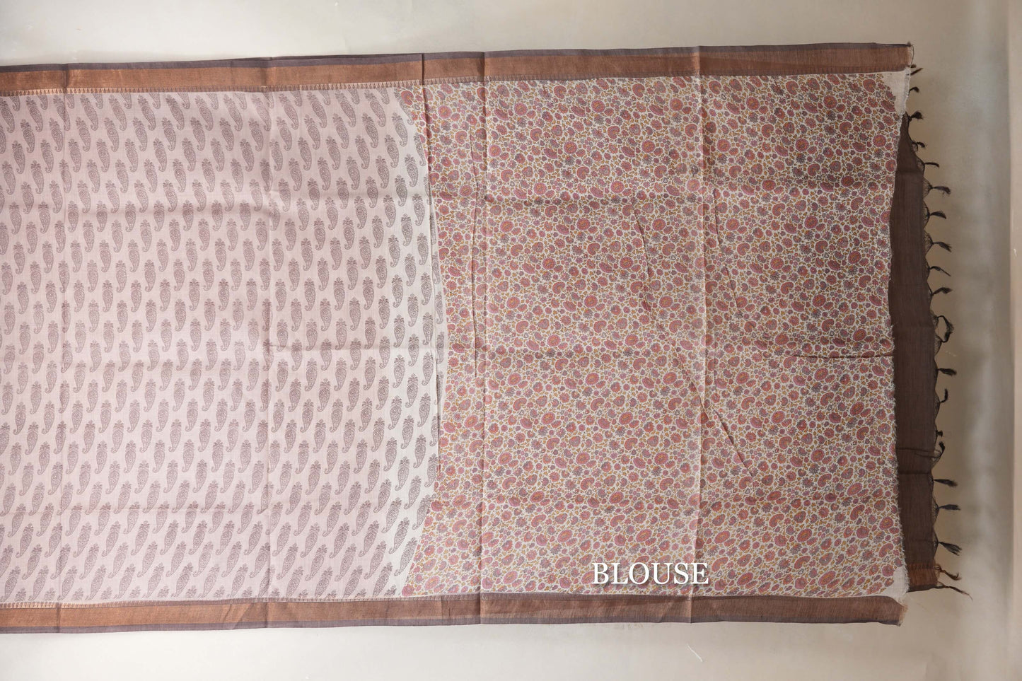 Pastel pink with Coffee brown Borders Tussar silk saree blouse