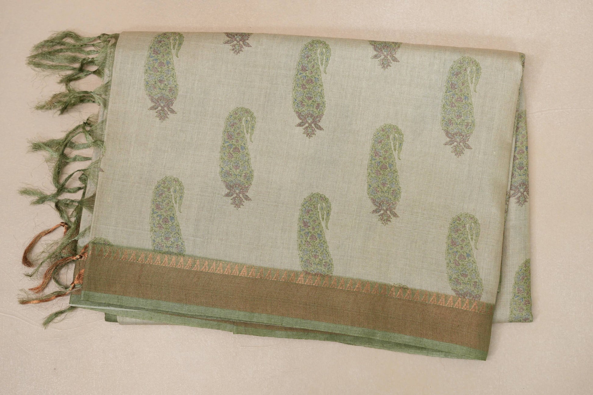 Cream with Olive green Borders Bhagalpur Tussar silk saree