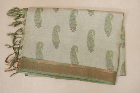 Cream with Olive green Borders Bhagalpur Tussar silk saree
