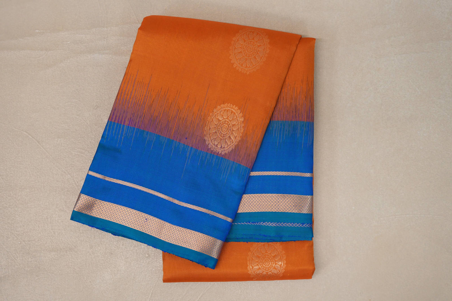 Burnt Orange with Peacock Blue Borders Light Weight Kanchipuram Silk Saree by Shreenivas Silks PSSR0110020