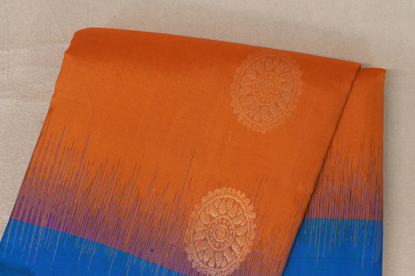 Burnt Orange with Peacock Blue Borders Light Weight Kanchipuram Silk Saree by Shreenivas Silks PSSR0110020