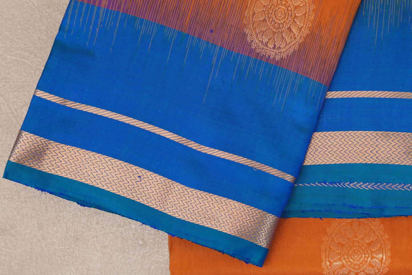Burnt Orange with Peacock Blue Borders Light Weight Kanchipuram Silk Saree by Shreenivas Silks PSSR0110020