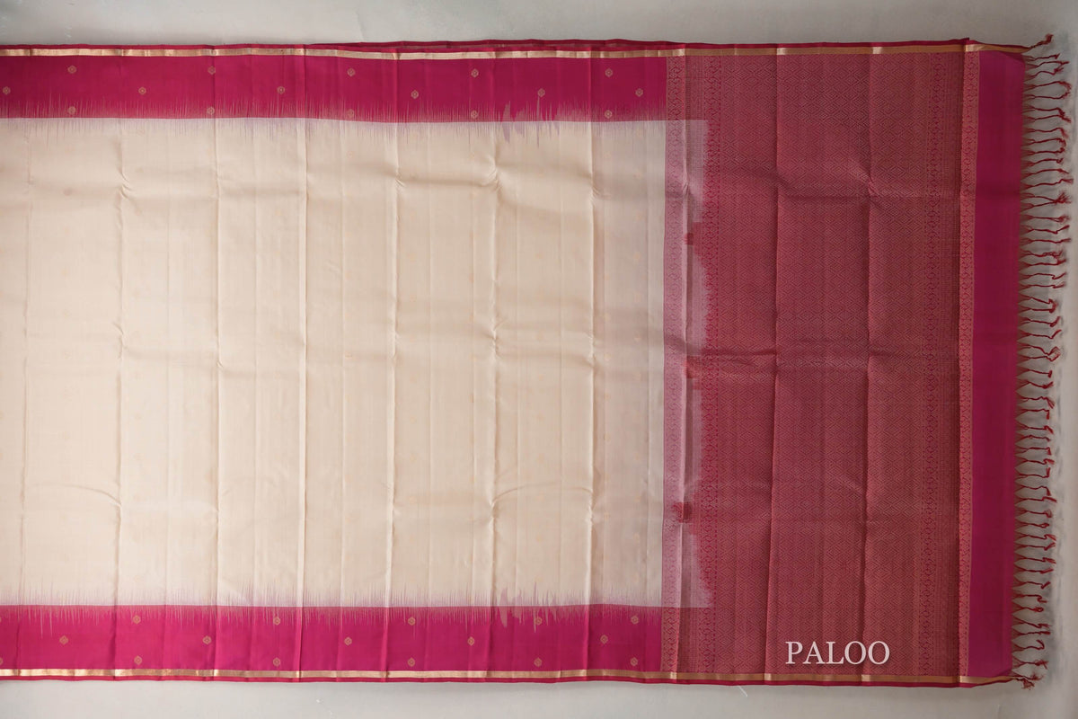 Cream Beige with Rani Pink Borders Light Weight Kanchipuram Silk Saree by Shreenivas Silks PSSR0110021