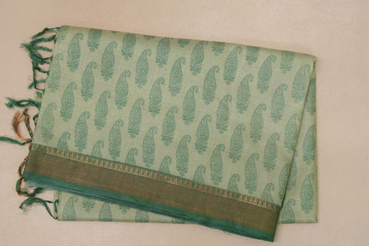 Pastel green with leaf green borders Bhagalpur Tussar silk saree