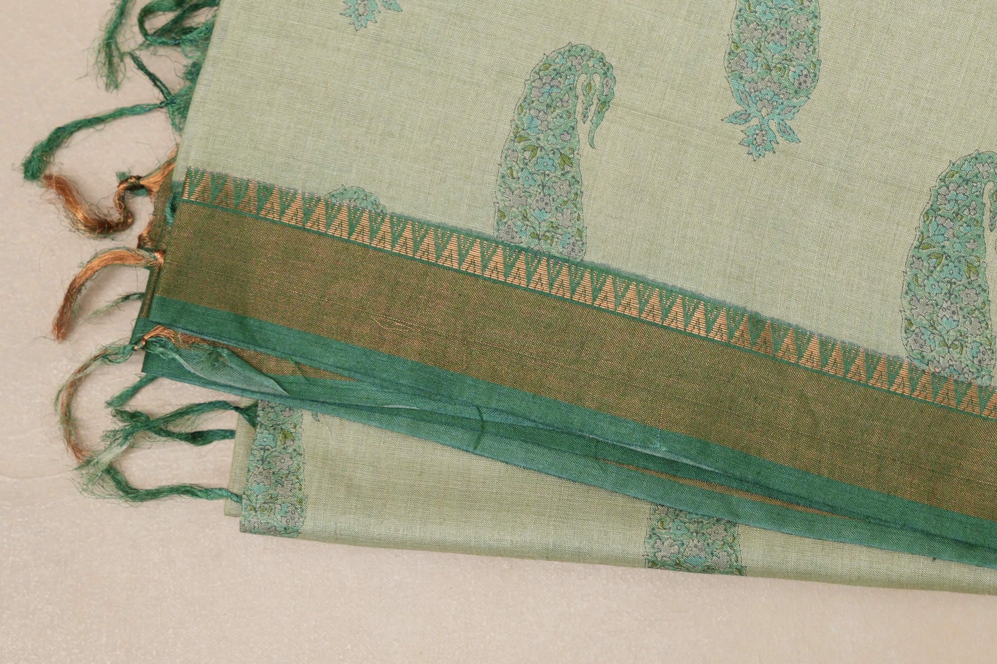 Pastel green with leaf green borders Bhagalpur Tussar silk saree border