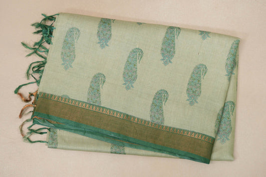 Pastel green with leaf green borders Bhagalpur Tussar silk saree