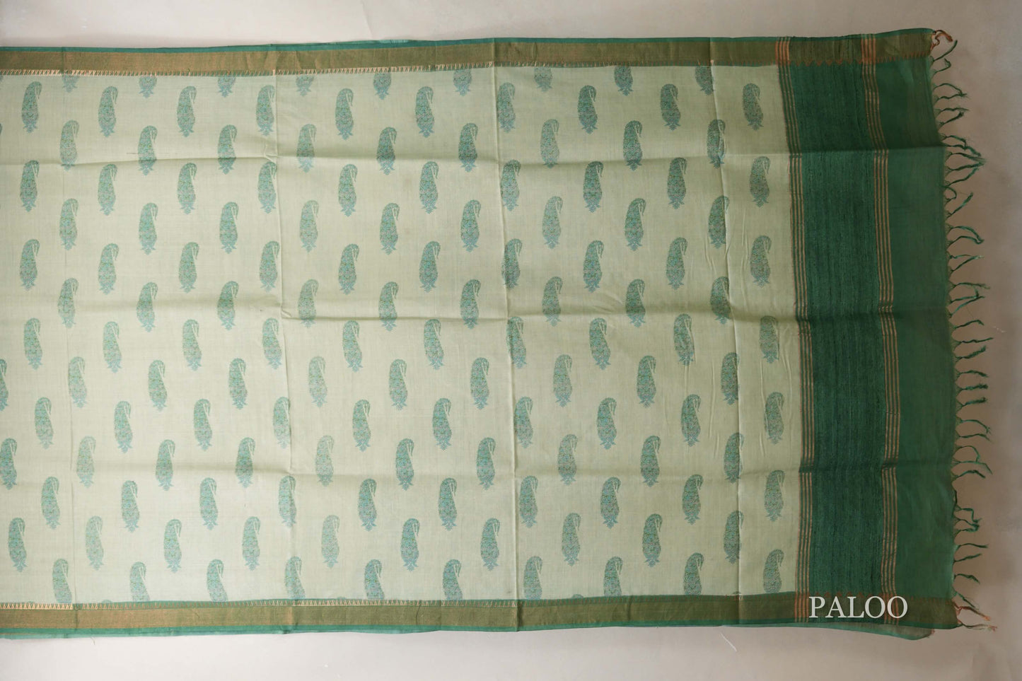 Pastel green with leaf green borders Bhagalpur Tussar silk saree paloo