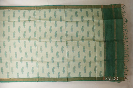 Pastel green with leaf green borders Bhagalpur Tussar silk saree paloo