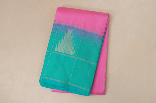 Bright pink with Bluish Green borders Light Weight Kanjivaram Silk Saree 