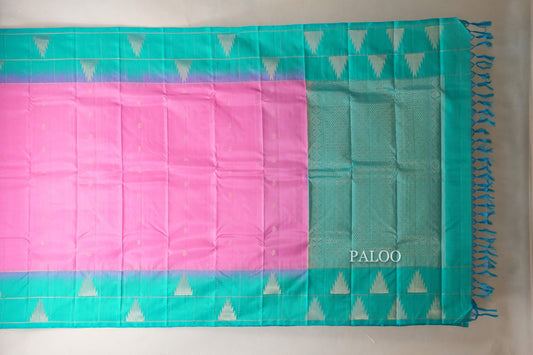 Bright pink with Bluish Green borders Light Weight Kanjivaram Silk Saree  paloo