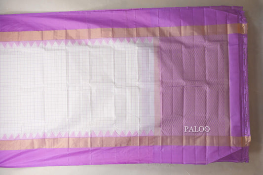 White with Lavender borders Light Weight Kanjivaram Silk Saree by Shreenivas Silks paloo