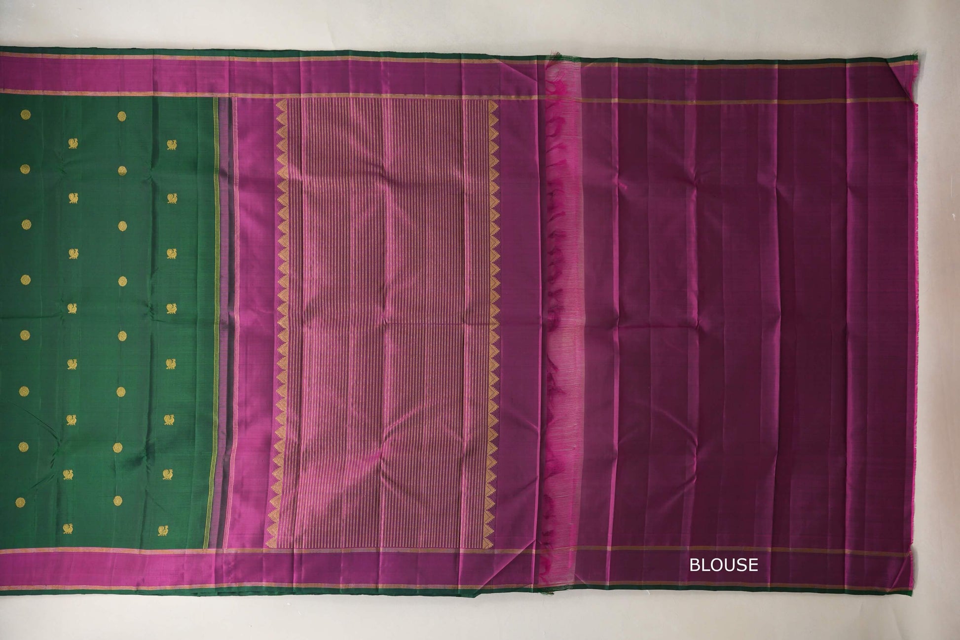 Bottle Green with magenta borders Vintage Kanjivaram Silk Saree blouse
