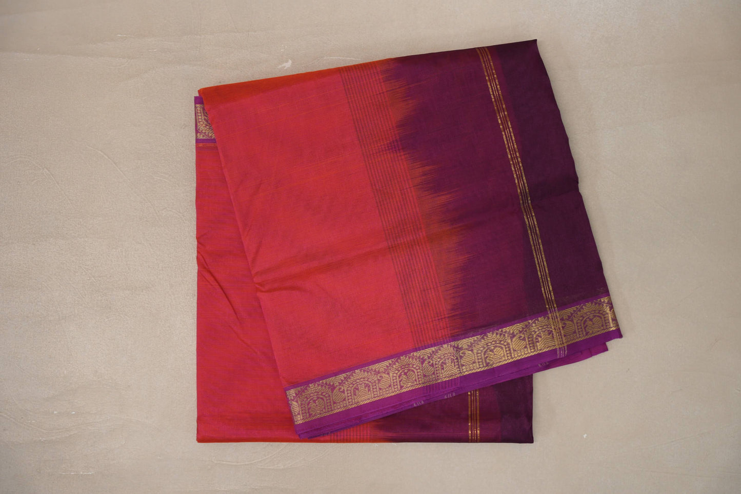 Dual Tone of Orange and Pink with Purple Borders Vegan Silk Cotton Saree by Shreenivas Silks PSSR0110040