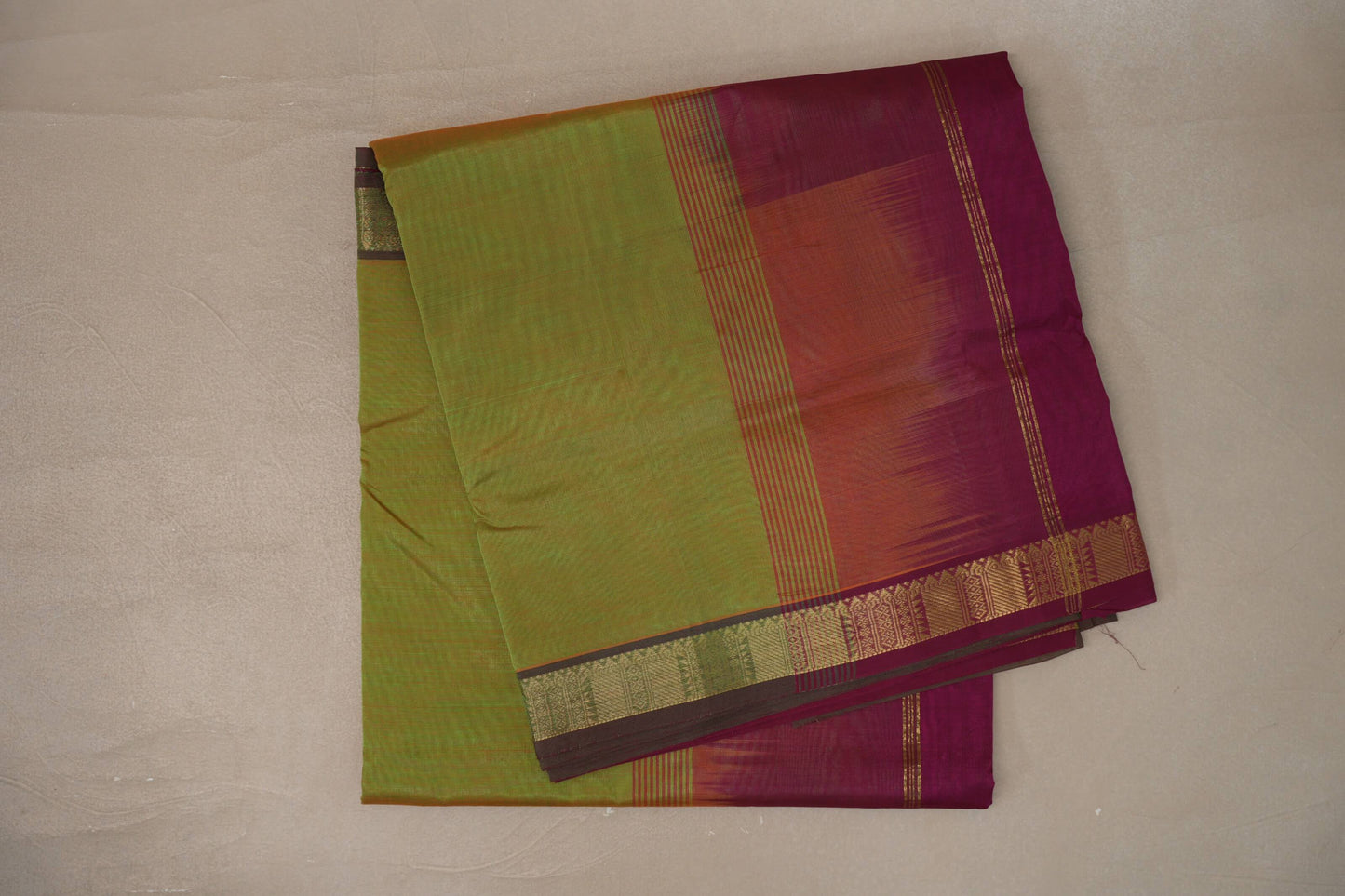 Dual Tone of Yellow and Green with Reddish Pink Borders Vegan Silk Cotton Saree by Shreenivas Silks PSSR0110041