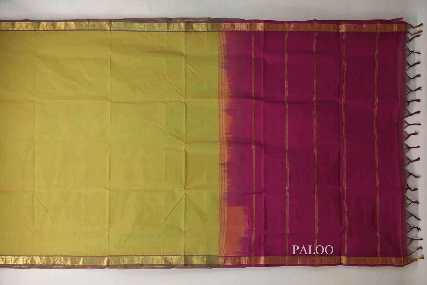 Dual Tone of Yellow and Green with Reddish Pink Borders Vegan Silk Cotton Saree by Shreenivas Silks PSSR0110041