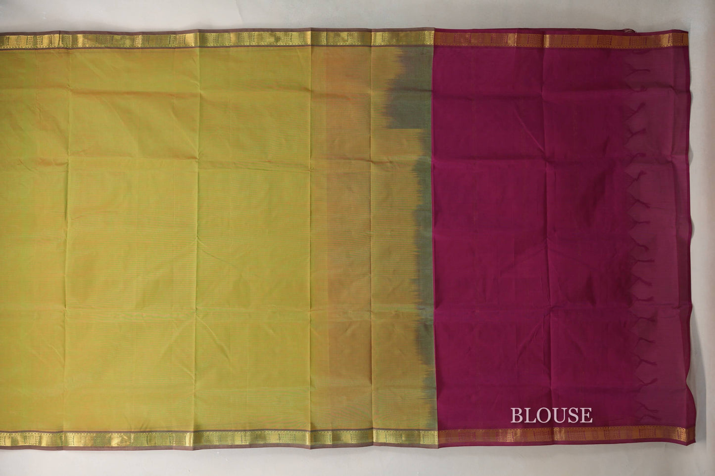 Dual Tone of Yellow and Green with Reddish Pink Borders Vegan Silk Cotton Saree by Shreenivas Silks PSSR0110041