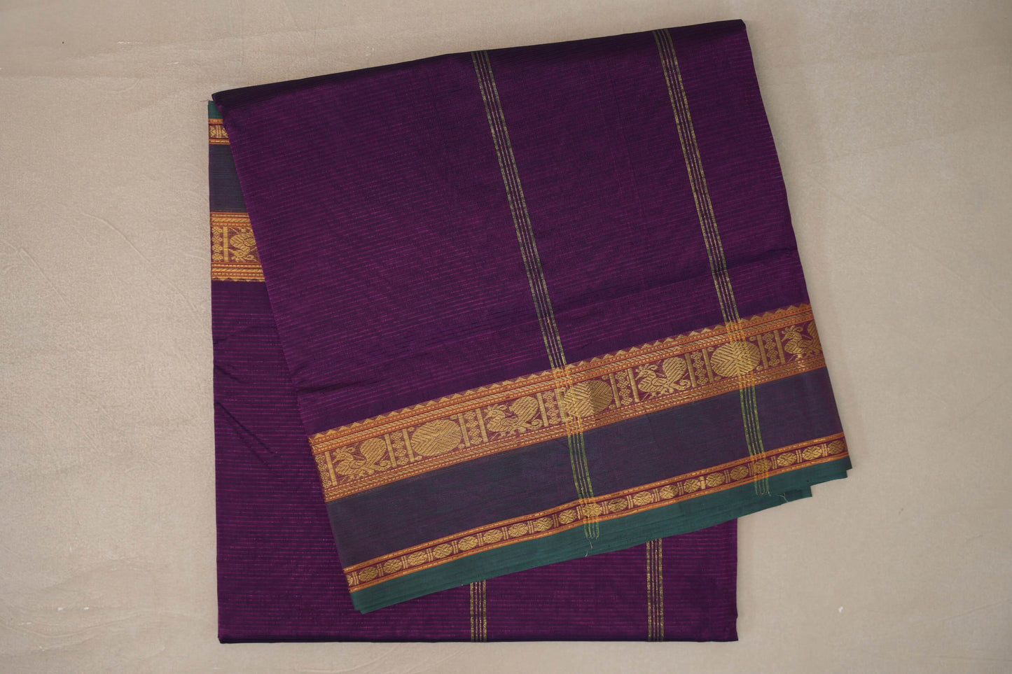 Deep Purple with Dual Tone of Deep Purple and Green Borders Vegan Silk Cotton Saree by Shreenivas Silks PSSR0110042