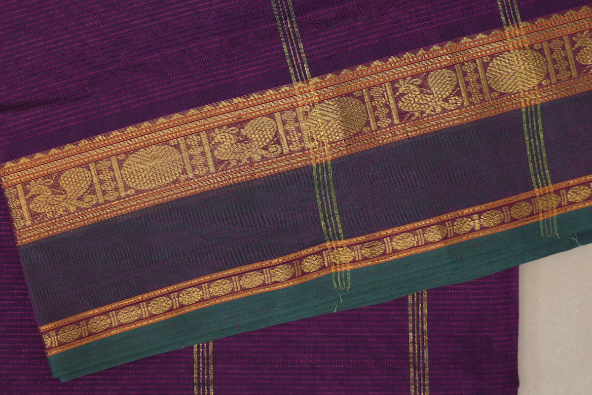 Deep Purple with Dual Tone of Deep Purple and Green Borders Vegan Silk Cotton Saree by Shreenivas Silks PSSR0110042