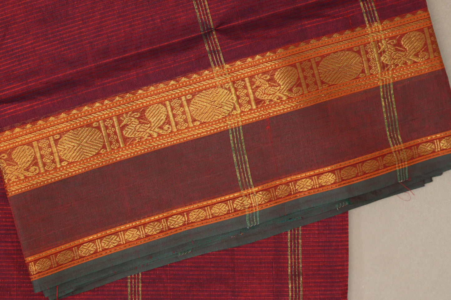 Dual Tone of Red and Blue Grey with Dual Tone of Red and Green Borders Vegan Silk Cotton Saree by Shreenivas Silks PSSR0110043