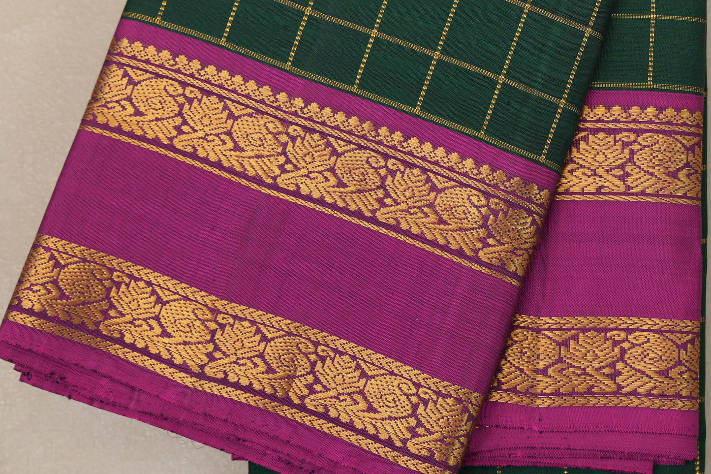 Bottle Green with magenta border Vintage Kanjivaram Silk Saree  by Shreenivas Silks border