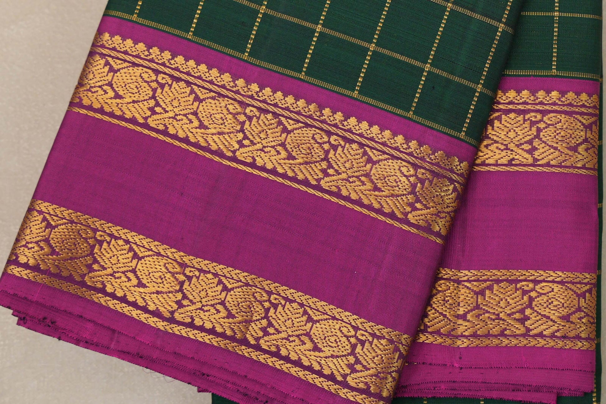 Bottle Green with magenta border Vintage Kanjivaram Silk Saree  by Shreenivas Silks border