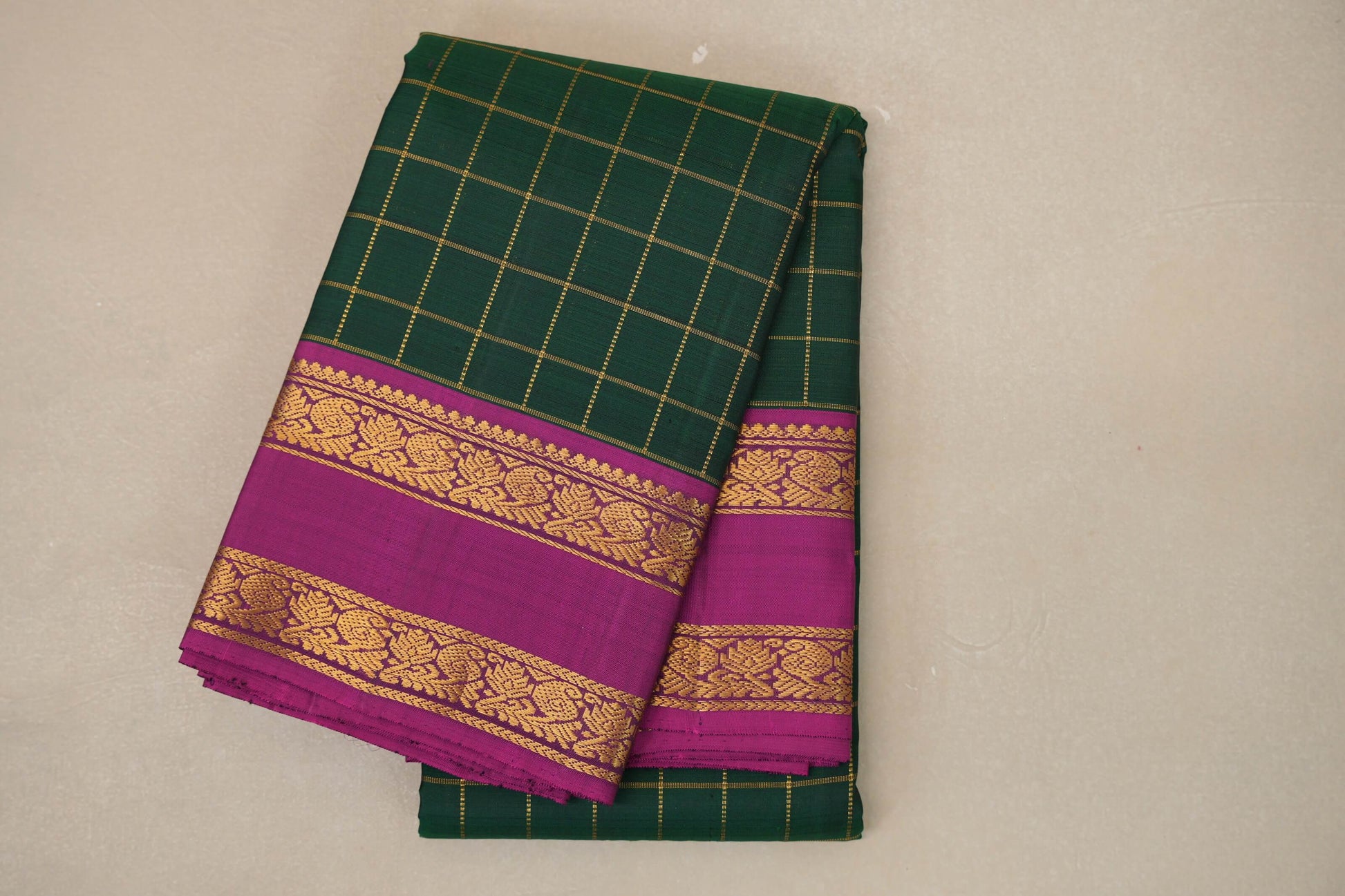 Bottle Green with magenta border Vintage Kanjivaram Silk Saree  by Shreenivas Silks