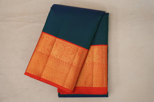folded Peacock Blue Vintage Kanjivaram Silk Saree