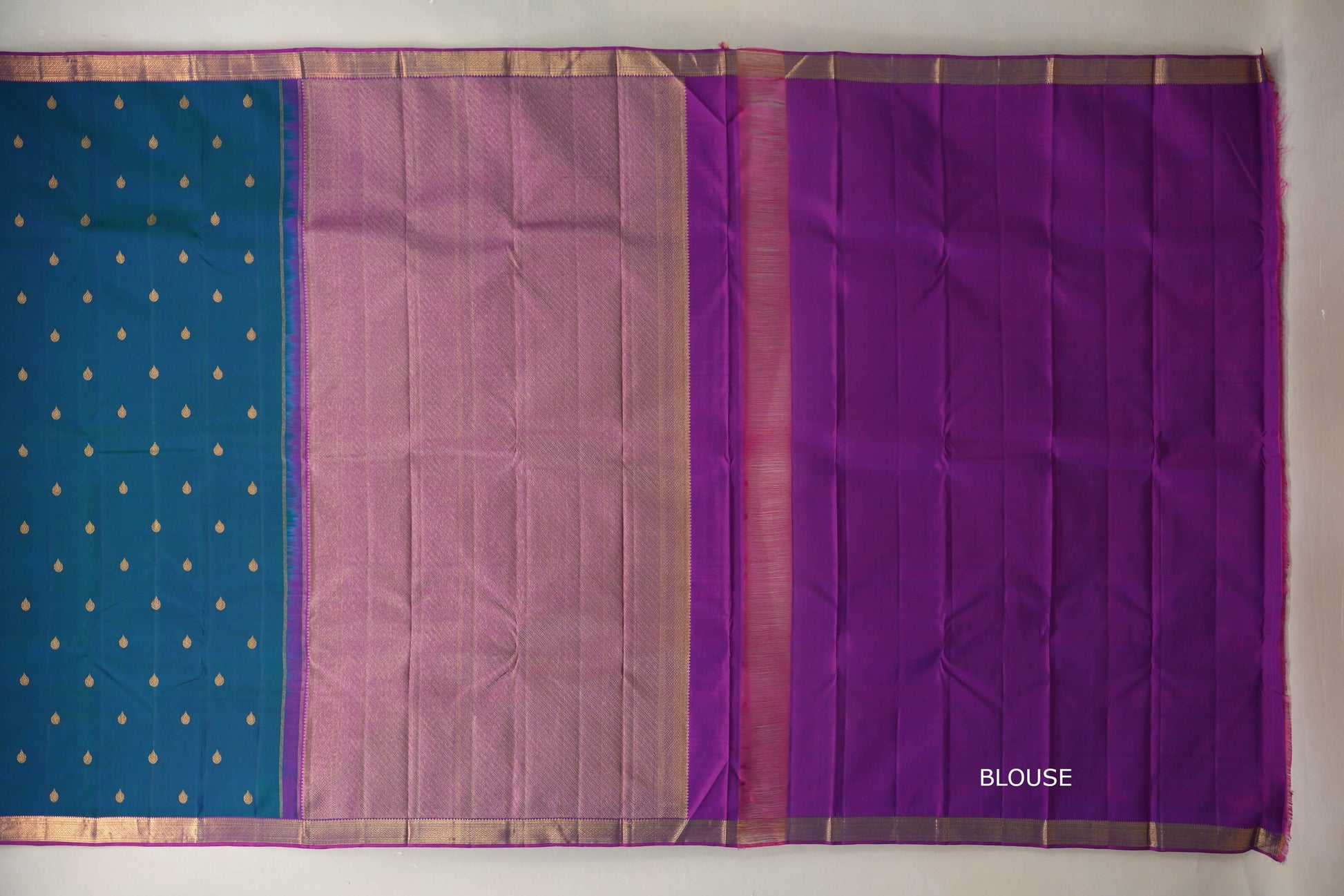Peacock Blue with Magenta borders Plant based Kanjivaram Silk Saree blouse