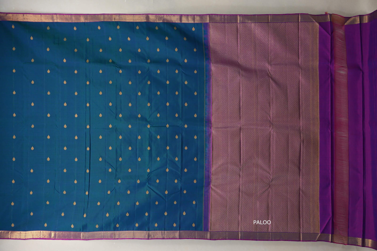 Peacock Blue with Magenta borders Plant based Kanjivaram Silk Saree paloo