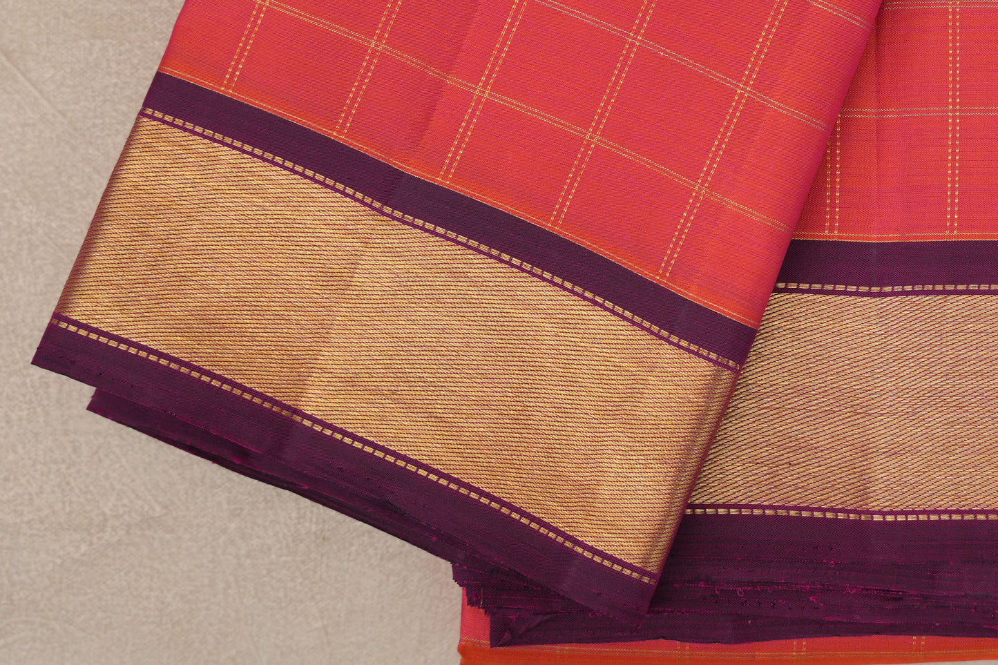 Dual Tone of Orange and Pink Vintage Kanjivaram Silk Saree  border zoom