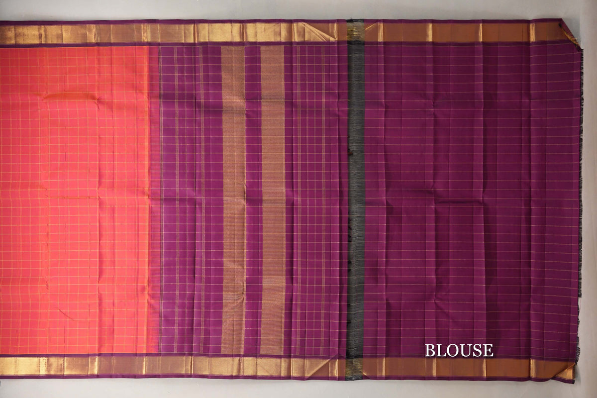 Dual Tone of Orange and Pink Vintage Kanjivaram Silk Saree blouse