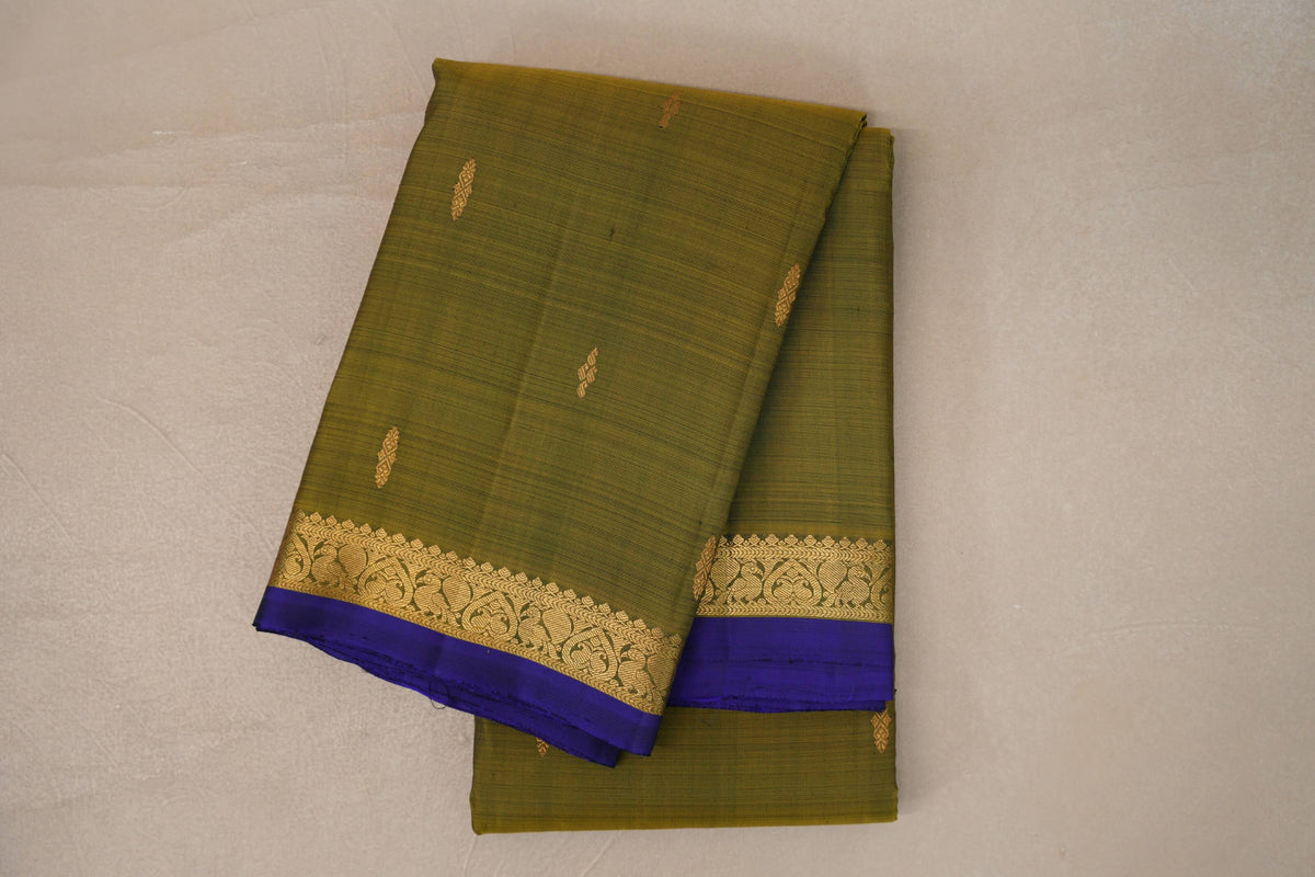folded Olive Green Vintage Kanjivaram Silk Saree