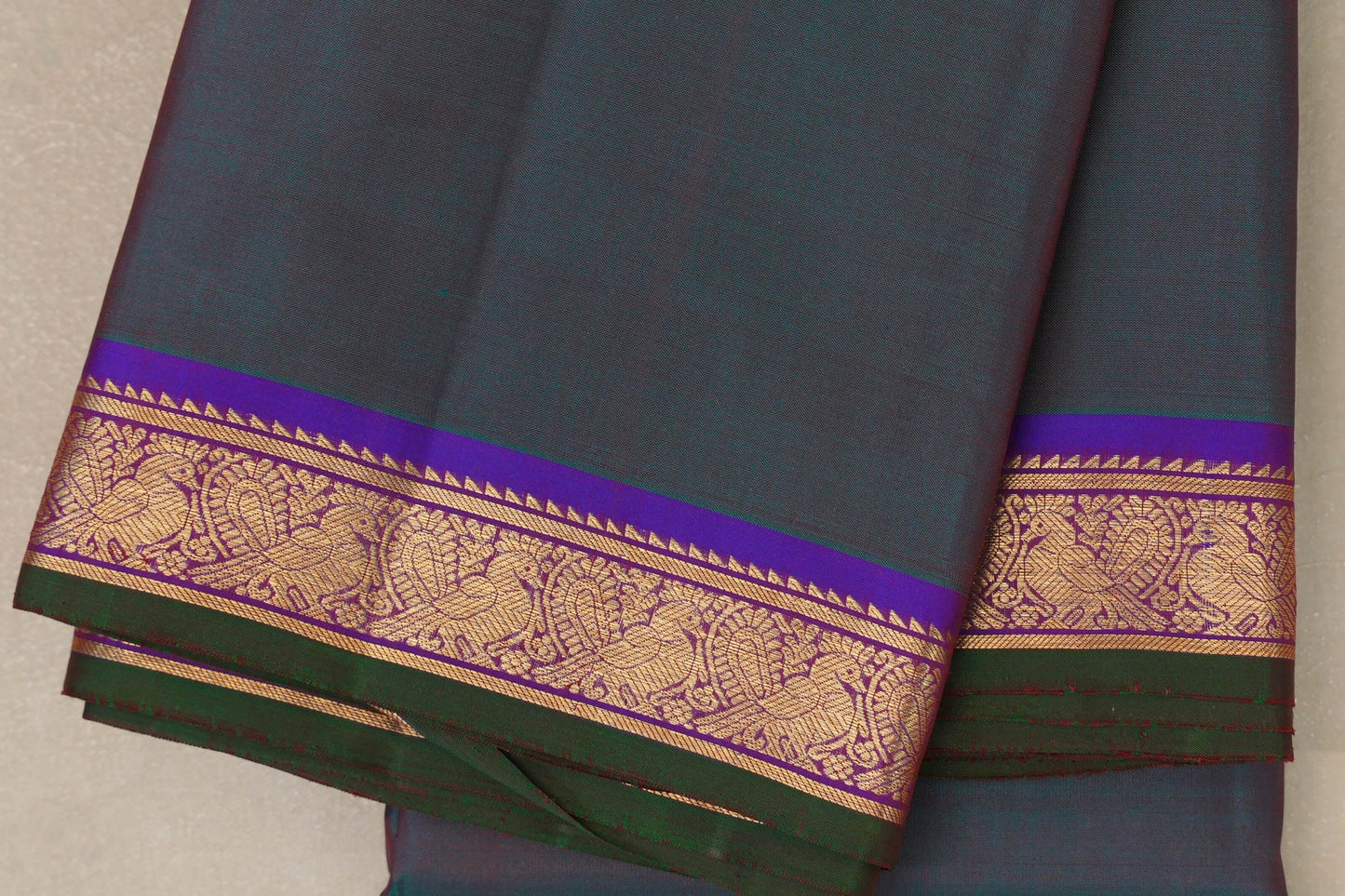 Peacock Green with purple border Vintage Kanjivaram Silk Saree  by Shreenivas Silks border