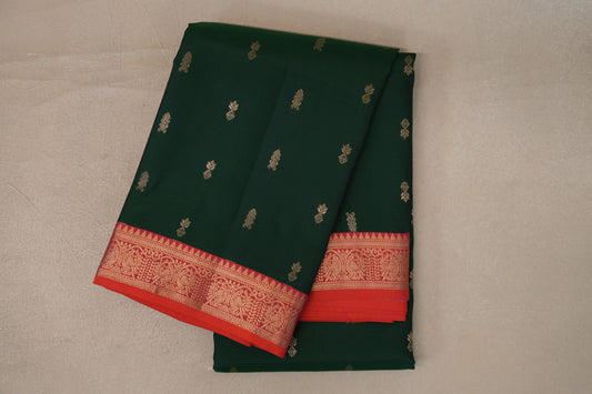 folded Deep Bottle Green Soft Silk Saree
