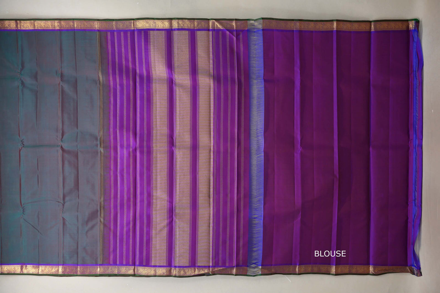 Peacock Green with purple border Vintage Kanjivaram Silk Saree  by Shreenivas Silks blouse