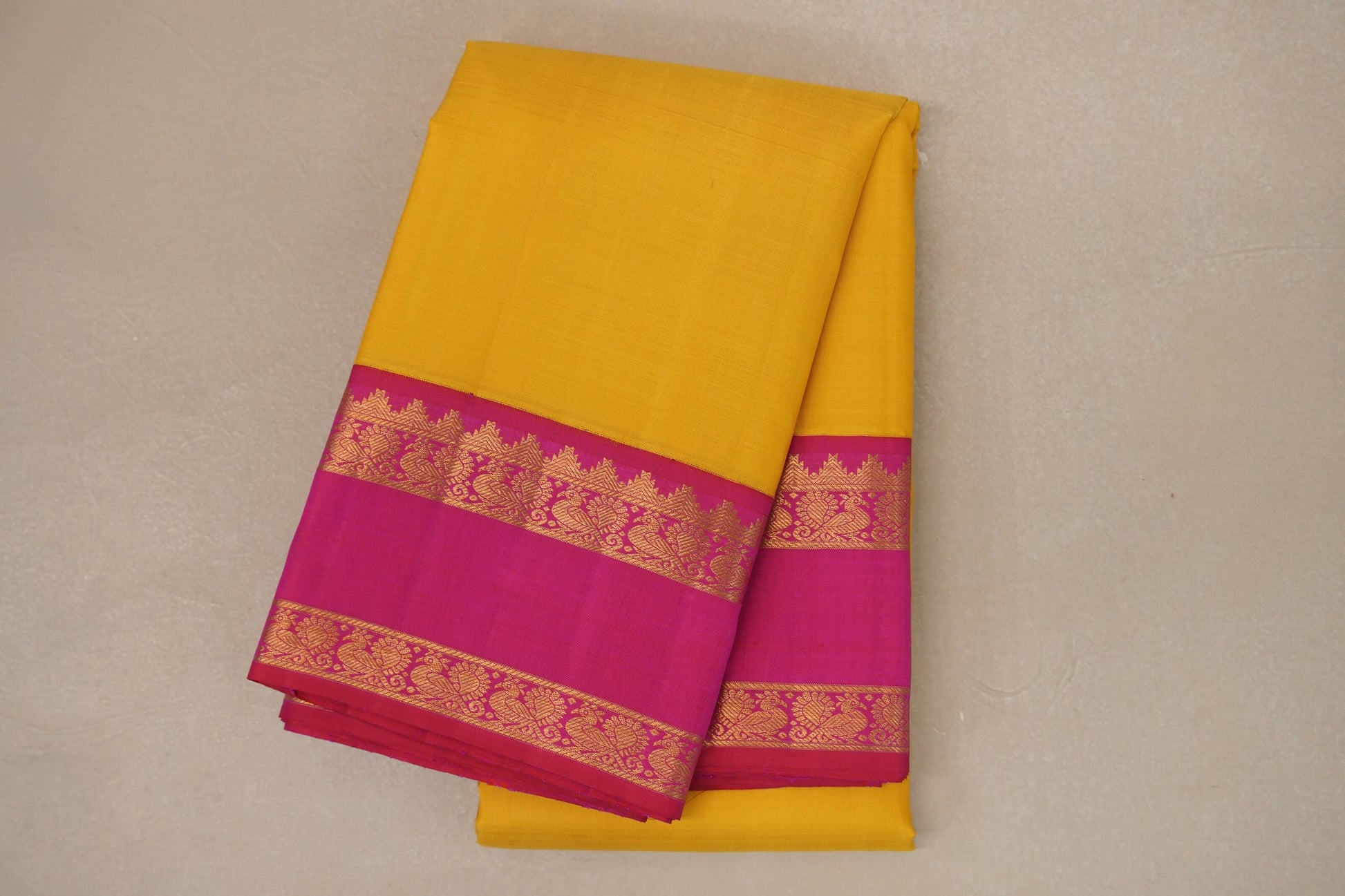 Yellow with Reddish pink border Vintage Kanjivaram Silk Saree 