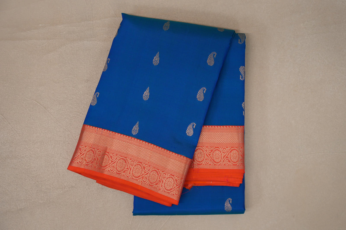 folded Peacock Blue Soft Silk Saree 