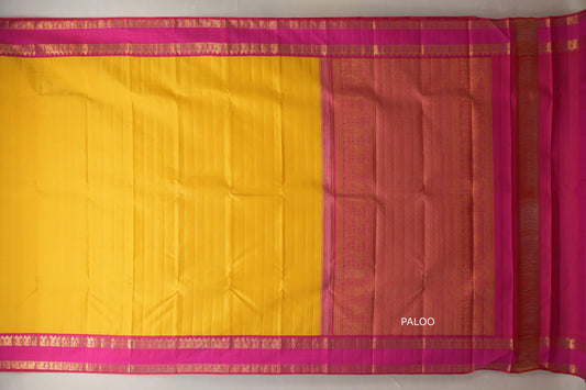 Yellow with Reddish pink border Vintage Kanjivaram Silk Saree  paloo