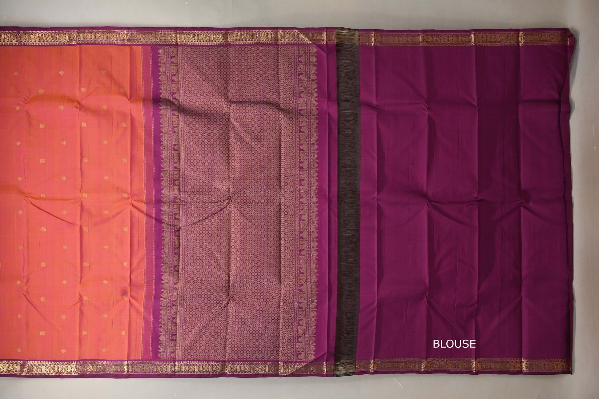 Orange with Pink Dual Tone with Magenta borders Vintage Kanjivaram Silk Saree blouse