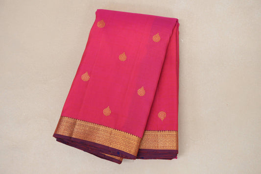 Pink with Purple Borders Plant Based Kanjivaram Silk Saree by Shreenivas Silks PSSR018886 - Parisera