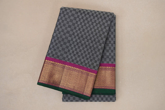 Grey with Magenta Borders Vintage Kanjivaram Silk Saree by Shreenivas Silks PSSR018887 - Parisera