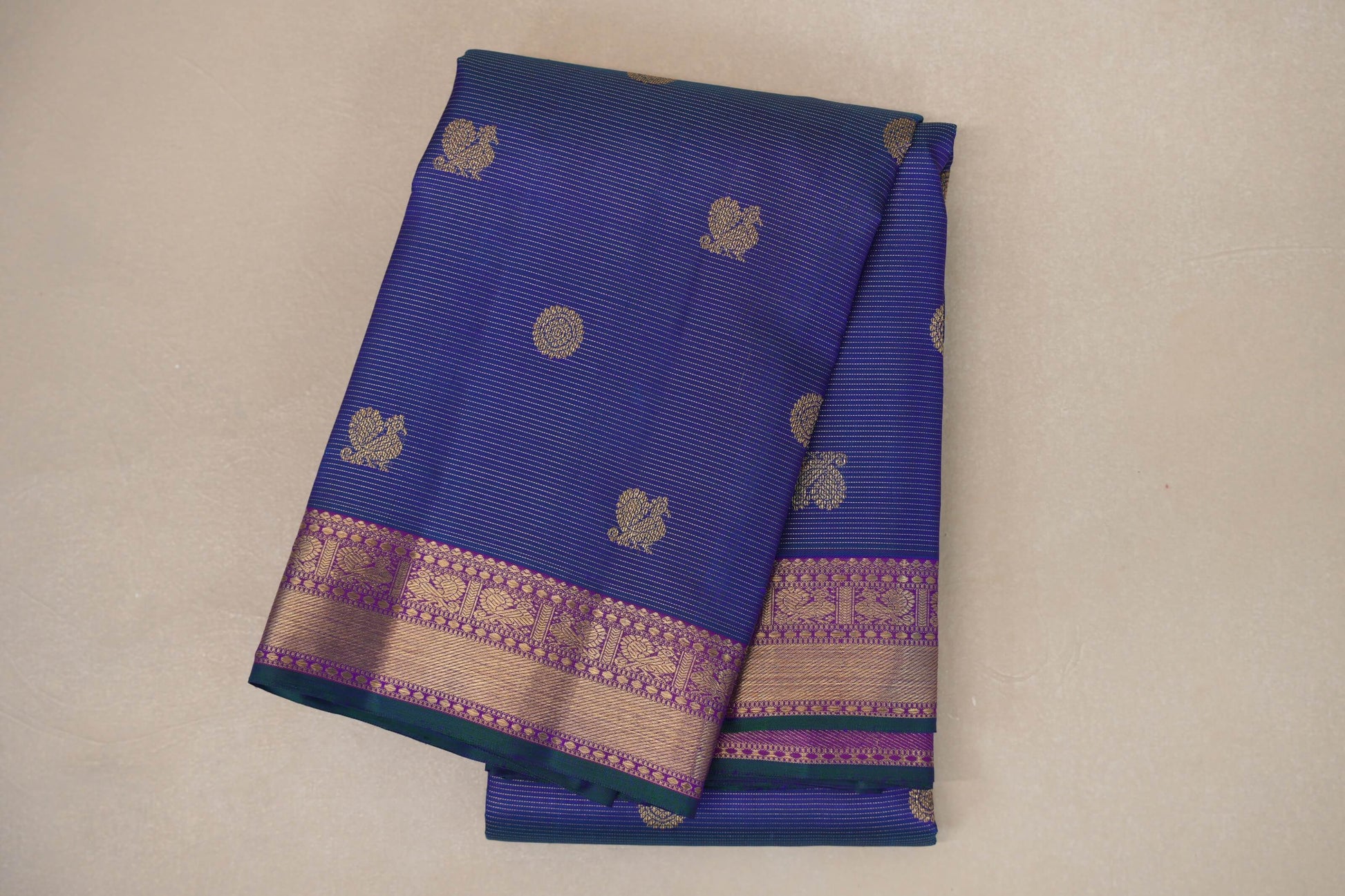 folded Peacock Blue Heirloom Kanjivaram Silk Saree