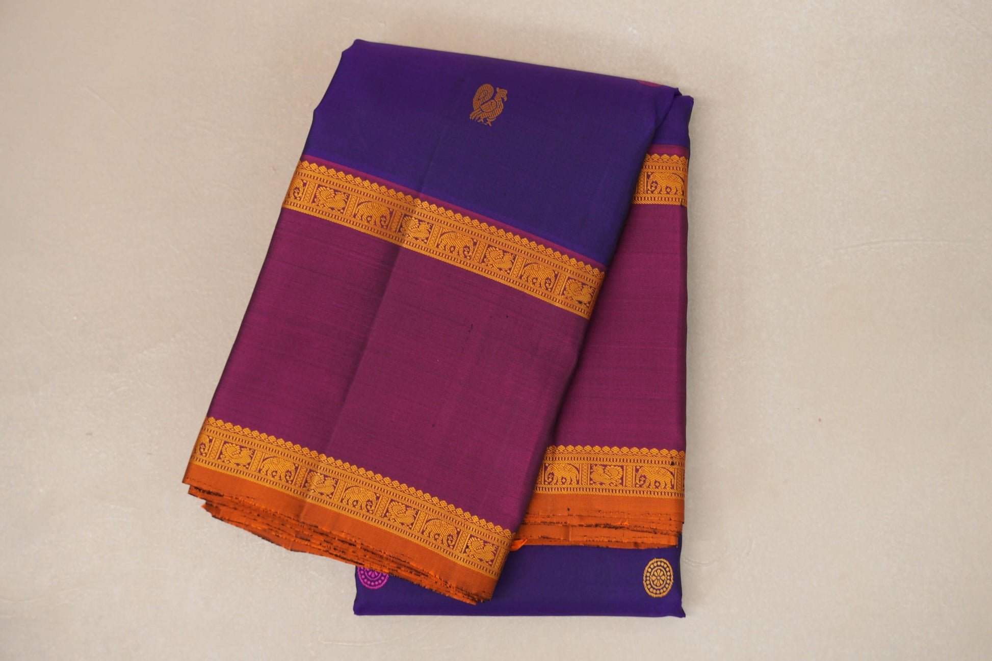 folded Deep Violet Vintage Thread woven Kanjivaram Silk Saree  