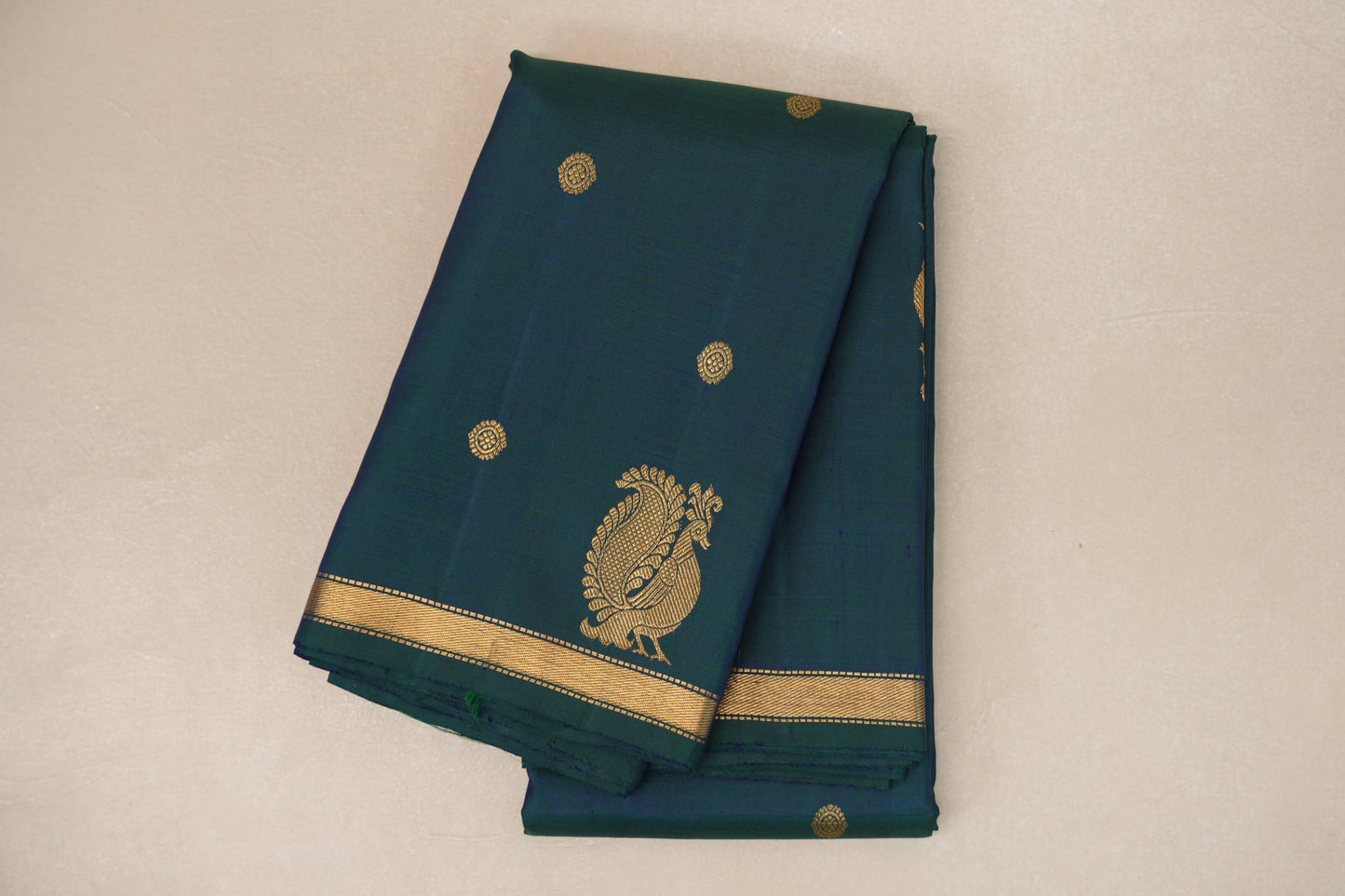 folded Peacock Green Vintage Kanjivaram Silk Saree 