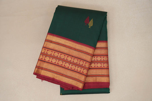 folded Deep Leaf Green with Multi Color Borders Vintage Kanjivaram Silk Saree 